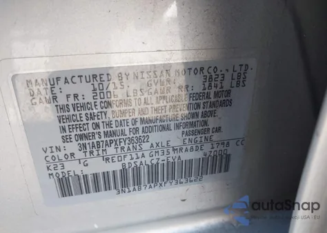2015 Nissan Sentra S z USA, uszkodzony, nr VIN 3N1AB7APXFY363622